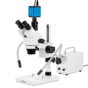 AmScope SM-1TS-30WY-HD22 SM-1 Series Zoom Trinocular Stereo Microscope 7X-45X w/ 30W LED Double Gooseneck Fiber Optic Lights and 2MP HDMI CMOS C-Mount Camera on Pillar Stand