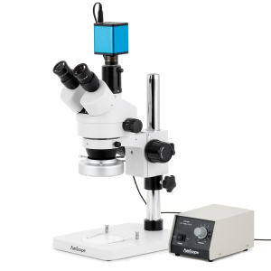 AmScope SM-1TSZZ-80M-AF2 SM-1 Series Zoom Trinocular Stereo Microscope 3.5X-180X w/ Heavy Duty 80 LED Ring Light and 1080P 2MP HDMI Auto-focus Camera on Pillar Stand