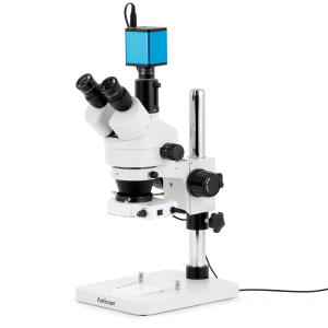 AmScope SM-1TSZZ-80S-AF2 SM-1 Series Zoom Trinocular Stereo Microscope 3.5X-180X w/ 80 LED Compact Ring Light and 1080P 2MP HDMI Auto-focus Camera on Pillar Stand