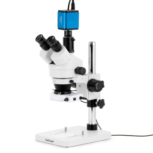 AmScope SM-1TSZZ-80S-HD22 SM-1 Series Zoom Trinocular Stereo Microscope 3.5X-180X Magnification w/ 80 LED Compact Ring Light and 2MP HDMI CMOS C-Mount Camera on Pillar Stand