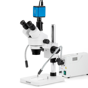 AmScope SM-1TSZZ-FOD-HD2GS SM-1 Series Zoom Trinocular Stereo Microscope 3.5X-180X w/ 150W Halogen Dual Gooseneck Lights and 2MP HDMI Global Shutter CMOS C-Mount Camera on Pillar Stand