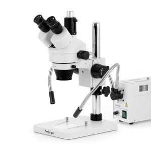 AmScope SM-1TSY-FOD-18M3 SM-1 Series Zoom Trinocular Stereo Microscope 7X-90X w/ 150W Halogen Dual Gooseneck Lights and 18MP USB 3.0 C-mount Camera on Pillar Stand