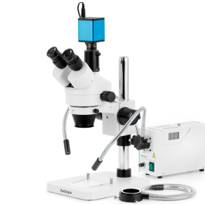 AmScope SM-1TSZZ-FODR-AF2 SM-1 Series Zoom Trinocular Stereo Microscope 3.5X-180X w/ 150W Halogen Dual Gooseneck & Ring Lights and 1080P 2MP HDMI Auto-focus Camera on Pillar Stand