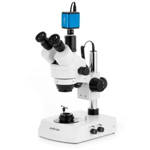 AmScope SM-2T-DK-HD25 SM-2 Series Darkfield Trinocular Stereo Microscope 7X-45X Magnification on Pillar Stand w/ Dual Halogen Lights and 5MP HDMI CMOS C-Mount Camera