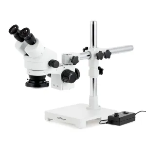 AmScope SM-3BZZ-144 SM-3 Series Zoom Binocular Stereo Microscope 3.5X-180X Magnification w/ 144 LED Ring Light on Single Arm Boom Stand