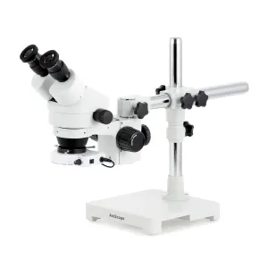 AmScope SM-3BX-144S SM-3 Series Zoom Binocular Stereo Microscope 3.5X-45X Magnification w/ 144 LED Compact Ring Light on Single Arm Boom Stand