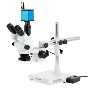 AmScope SM-3NTPZZ-144A-AF25 SM-3 Series Simul-Focal Lockable Zoom Trinocular Stereo Microscope 3.5X-180X w/ Multi-Zone 144 LED and 1080P 5MP HDMI Auto-focus Camera on Single Arm Boom Stand