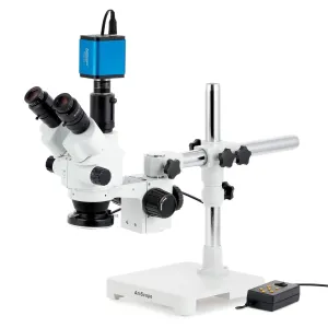 AmScope SM-3NTP-144A-HD2 SM-3 Series Simul-Focal Lockable Zoom Trinocular Stereo Microscope 7X-45X w/ Multi-Zone 144 LED and 2MP HDMI CMOS C-Mount Camera on Single Arm Boom Stand