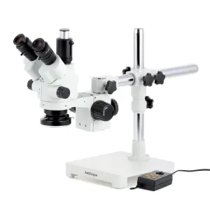 AmScope SM-3NTP-144A-5M3 SM-3 Series Simul-Focal Lockable Zoom Trinocular Stereo Microscope 7X-45X w/ Multi-Zone 144 LED and 5MP USB 3.0 C-mount Camera on Single Arm Boom Stand