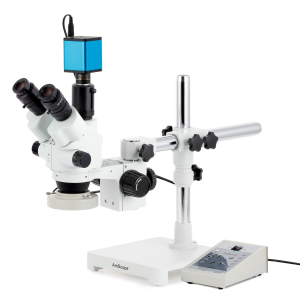 AmScope SM-3NTPY-80AM-AF2 SM-3 Series Simul-Focal Lockable Zoom Trinocular Stereo Microscope 7X-90X w/ 80 LED Direction Variable Ring Light and 1080P 2MP HDMI Auto-focus Camera on Single Arm Boom Stand