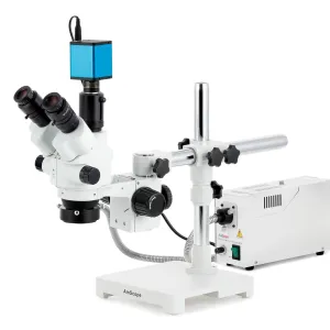 AmScope SM-3NTP-FOD Simul-Focal Lockable Zoom Trinocular Stereo Microscope 7X-45X Magnification w/ 150W Halogen Dual Gooseneck Lights on Single Arm Boom Stand