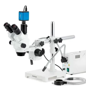 AmScope SM-3NTPX-FODR-HD25 SM-3 Series Simul-Focal Lockable Zoom Trinocular Stereo Microscope 3.5X-45X w/ 150W Halogen Dual Gooseneck & Ring Lights and 5MP HDMI CMOS C-Mount Camera on Single Arm Boom Stand