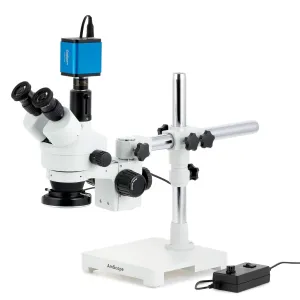 AmScope SM-3TZ-144-HD2 SM-3 Series Zoom Trinocular Stereo Microscope 3.5X-90X Magnification w/ 144 LED Ring Light and 2MP HDMI CMOS C-Mount Camera on Single Arm Boom Stand