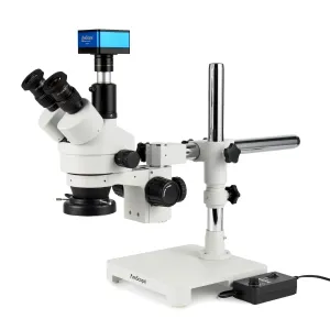 AmScope SM-3TX-144-HD4U Zoom Trinocular Stereo Microscope 3.5X-45X Magnification, SM-3 Series on Single Arm Boom Stand + 144-LED Ring Light + 4K 8MP HDMI Camera