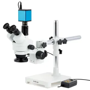 AmScope SM-3TP-144A Simul-Focal Zoom Trinocular Stereo Microscope 7X-45X Magnification w/ Multi-Zone 144 LED on Single Arm Boom Stand
