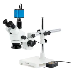 AmScope SM-3TPZZ-144A-HD2 SM-3 Series Simul-Focal Zoom Trinocular Stereo Microscope 3.5X-180X w/ Multi-Zone 144 LED and 2MP HDMI CMOS C-Mount Camera on Single Arm Boom Stand