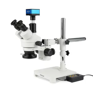 AmScope SM-3TX-144A-HD40 Zoom Trinocular Stereo Microscope 3.5X-45X Magnification, SM-3 Series on Single Arm Boom Stand + Four-Zone 144-LED Ring Light + 4K 8MP HDMI/WiFi/LAN Camera