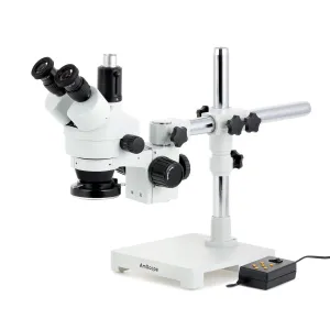 AmScope SM-3TPY-144A-8M SM-3 Series Simul-Focal Zoom Trinocular Stereo Microscope 7X-90X w/ Multi-Zone 144 LED and 8MP USB 2.0 C-mount Camera on Single Arm Boom Stand