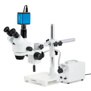 AmScope SM-3TZ-30WS-HD2 SM-3 Series Zoom Trinocular Stereo Microscope 3.5X-90X w/ 30W LED FO Single Gooseneck Light and 2MP HDMI CMOS C-Mount Camera on Single Arm Boom Stand