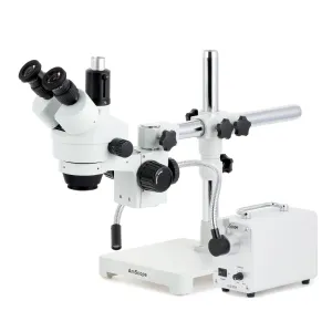 AmScope SM-3TP-30WS-5M3 SM-3 Series Simul-Focal Zoom Trinocular Stereo Microscope 7X-45X w/ 30W LED FO Single Gooseneck Light and 5MP USB 3.0 C-mount Camera on Single Arm Boom Stand