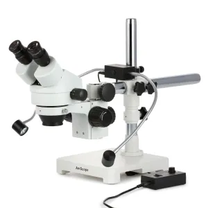 AmScope SM-3B-8W 7X-45X Binocular Stereo Zoom Microscope w/8W LED Dual Gooseneck Illuminator on Single Arm Boom Stand