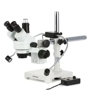 AmScope SM-3T-8W 7X-45X Trinocular Stereo Zoom Microscope w/8W LED Dual Gooseneck Illuminator on Single Arm Boom Stand