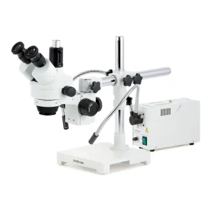 AmScope SM-3TPYY-FOD-M SM-3 Series Simul-Focal Zoom Trinocular Stereo Microscope 7X-135X w/ 150W Halogen Dual Gooseneck Lights and 1.3MP USB 2.0 C-mount Camera on Single Arm Boom Stand