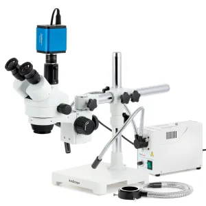 AmScope SM-3TZ-FODR-HD2 SM-3 Series Zoom Trinocular Stereo Microscope 3.5X-90X w/ 150W Halogen Dual Gooseneck & Ring Lights and 2MP HDMI CMOS C-Mount Camera on Single Arm Boom Stand