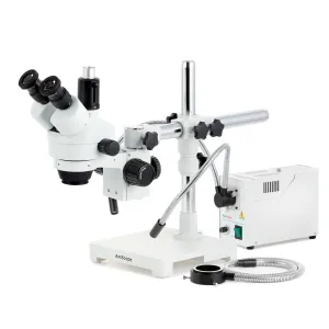 AmScope SM-3TZ-FODR-5M SM-3 Series Zoom Trinocular Stereo Microscope 3.5X-90X w/ 150W Halogen Dual Gooseneck & Ring Lights and 5MP USB 2.0 C-mount Camera on Single Arm Boom Stand