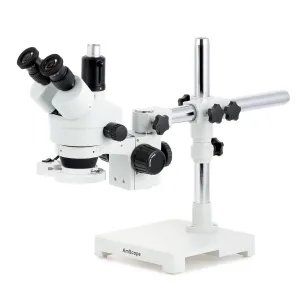 AmScope SM-3TX-FRL-M SM-3 Series Zoom Trinocular Stereo Microscope 3.5X-45X w/ 8W Fluorescent Ring Light and 1.3MP USB 2.0 C-mount Camera on Single Arm Boom Stand