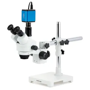 AmScope SM-3TZ-HD2 SM-3 Series Zoom Trinocular Stereo Microscope 3.5X-90X Magnification w/ 2MP HDMI CMOS C-Mount Camera on Single Arm Boom Stand