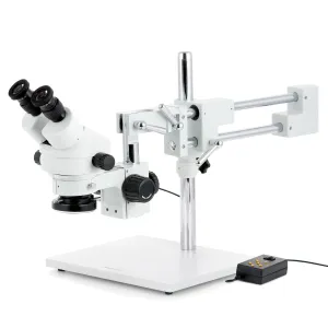 AmScope SM-4BX-144A-M SM-4 Series Zoom Binocular Stereo Microscope 3.5X-45X Magnification w/ Multi-Zone 144 LED and 1.3MP USB 2.0 C-mount Camera on Double Arm Boom Stand