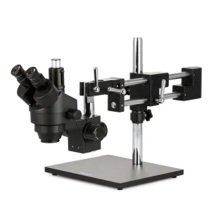 AmScope SM-4TYY-B SM-4 Series Zoom Trinocular Stereo Microscope 7X-135X Magnification on Black Double Arm Boom Stand