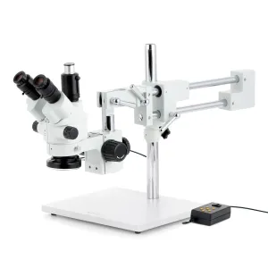 AmScope SM-4NTP-144A-HD2 SM-4 Series Simul-Focal Lockable Zoom Trinocular Stereo Microscope 7X-45X w/ Multi-Zone 144 LED and 2MP HDMI CMOS C-Mount Camera on Double Arm Boom Stand