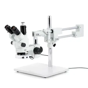 AmScope SM-4NTP-80S-AF25 SM-4 Series Simul-Focal Lockable Zoom Trinocular Stereo Microscope 7X-45X w/ 80 LED Compact Ring Light and 1080P 5MP HDMI Auto-focus Camera on Double Arm Boom Stand
