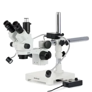 AmScope SM-3NTP-8W 7X-45X Trinocular Simul-Focal Lockable Stereo Zoom Microscope w/8W LED Dual Gooseneck Illuminator on Single Arm Boom Stand