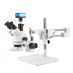AmScope SM-4T-48W Trinocular Zoom Stereo Microscope 7X-45X Magnification on Double Arm Boom Stand w/ 70-LED Ring Light