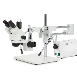 AmScope SM-4TZZ-FOD-HD22 Zoom Trinocular Stereo Microscope 3.5X-180X Magnification w/ 150W Halogen Dual Gooseneck Lights and 2MP HDMI CMOS C-Mount Camera on Double Arm Boom Stand