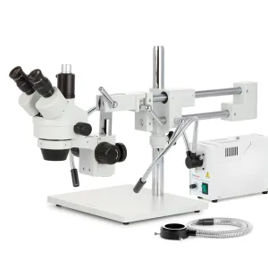 AmScope SM-4TZZ-FODR-HD25 Zoom Trinocular Stereo Microscope 3.5X-180X Magnification w/ 150W Halogen Dual Gooseneck & Ring Lights and 5MP HDMI CMOS C-Mount Camera on Double Arm Boom Stand