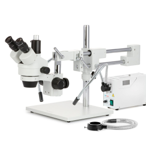 AmScope SM-4TZZ-FODR-AF25 Zoom Trinocular Stereo Microscope 3.5X-180X Magnification w/ 150W Halogen Dual Gooseneck & Ring Lights and 1080P 5MP HDMI Auto-focus Camera on Double Arm Boom Stand
