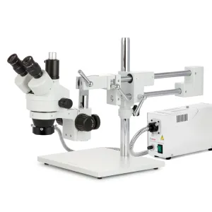 AmScope SM-4TZZ-FOR-AF25 Zoom Trinocular Stereo Microscope 3.5X-180X Magnification w/ 150W Halogen Ring Light and 1080P 5MP HDMI Auto-focus Camera on Double Arm Boom Stand