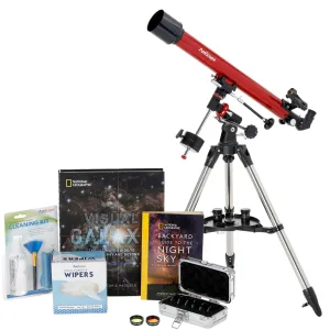 AmScope TVB-60800-CSMC1 Professional Telescope Bundle Series featuring 60mm Aperture, 800mm Focal Length Refractor Telescope, Visual Galaxy book by NatGeo, Backyard Guide to the Night Sky book, and more