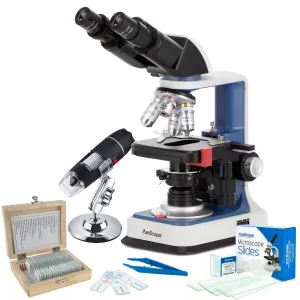 AmScope VB-B120C-R-SLVR B120C-R Series Value Bundle USB-C Rechargeable Binocular Compound Microscope 40X-2500X w/ 3D Stage, 25pc Slides, Tweezers