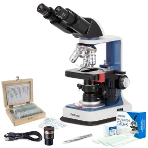 AmScope VB-B120C-R-STR B120C-R Series Value Bundle USB-C Rechargeable Binocular Compound Microscope 40X-2500X w/ 3D Stage, 1MP Camera, 25pc Slides Set