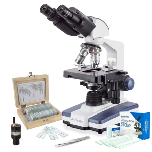 AmScope VB-B120C-STR-WF Binocular Compound Microscope 40X-2500X + LED Illumination + Wi-Fi 2.0MP Camera + Precision Tweezers + Prepared, Blank Slides