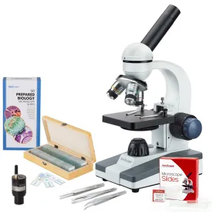 AmScope VB-M150C-GLD-WF Monocular Compound Microscope 40X-1000X, Battery Powered w/ LED Illumination + Wi-Fi 2.0MP Camera, 3pc Tweezers, 50pc Slides
