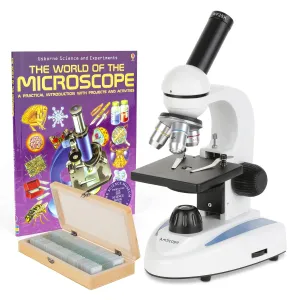 AmScope M149C-PS50-WM M149 Series Student Kids Metal Frame Glass Optics Biological Moncluar Compound Microscope 40X-1000X Magnification with 50 Prepared Slides and Book