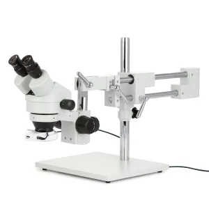 AmScope SM-4B-144S Zoom Binocular Stereo Microscope 7X-45X Magnification w/ 144 LED Compact Ring Light on Double Arm Boom Stand