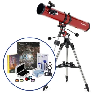 AmScope TVB-114900-STLR1 Professional Telescope Bundle Series featuring 114mm Aperture, 900mm Focal Length Reflector Telescope, Visual Galaxy book by NatGeo, Backyard Guide to the Night Sky book, and more