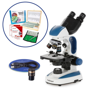 AmScope VB-B110C-SLVR Binocular Compound Microscope Bundles 40X-1000X dual LED, Ergonomic, 25-Piece Slides Set and Tweezers Plus BONUS Handheld Multi-USB Digital Microscope for PC and Android